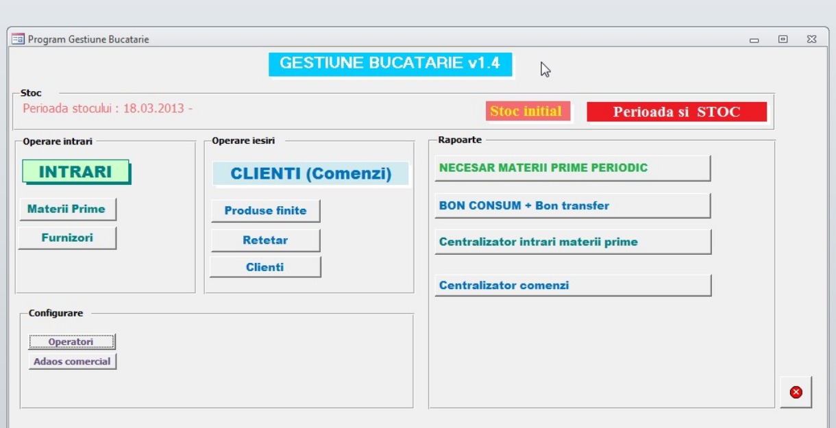 Program gestiune stocuri materii prime pentru bucatarie si brutarie pe baza de retetar - Pret | Preturi Program gestiune stocuri materii prime pentru bucatarie si brutarie pe baza de retetar