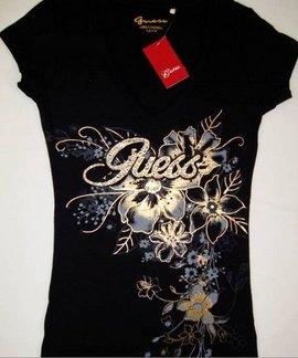 Tricou Guess V Neck Rhinestones Glitter Black - Pret | Preturi Tricou Guess V Neck Rhinestones Glitter Black