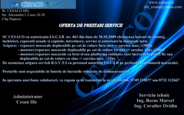 SC CESACO SRL - servicii RSVTI, Macarale turn, Poduri rulante - Pret | Preturi SC CESACO SRL - servicii RSVTI, Macarale turn, Poduri rulante