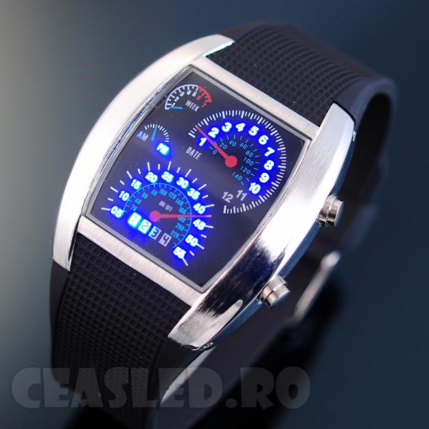 Ceas cu led-uri albastre design bord - Racer, barbatesc, negru.Nou - Pret | Preturi Ceas cu led-uri albastre design bord - Racer, barbatesc, negru.Nou