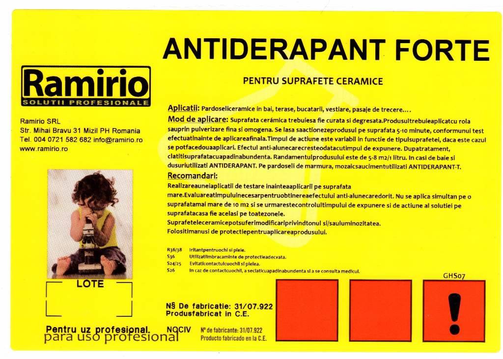 Solutie antialunecare ANTIDERAPANT FORTE - 1 Litru - de la Ramirio SRL - Pret | Preturi Solutie antialunecare ANTIDERAPANT FORTE - 1 Litru - de la Ramirio SRL