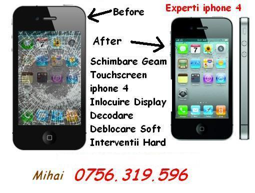 Schimb display touchscreen iphone 4 original,decodare iphone 4 mihai 0756319596 - Pret | Preturi Schimb display touchscreen iphone 4 original,decodare iphone 4 mihai 0756319596