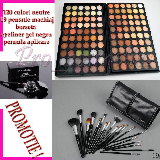 Trusa machiaj 120 culori neutre MAC + 19 pensule machiaj MAC + Eyeliner gel MAC - Pret | Preturi Trusa machiaj 120 culori neutre MAC + 19 pensule machiaj MAC + Eyeliner gel MAC