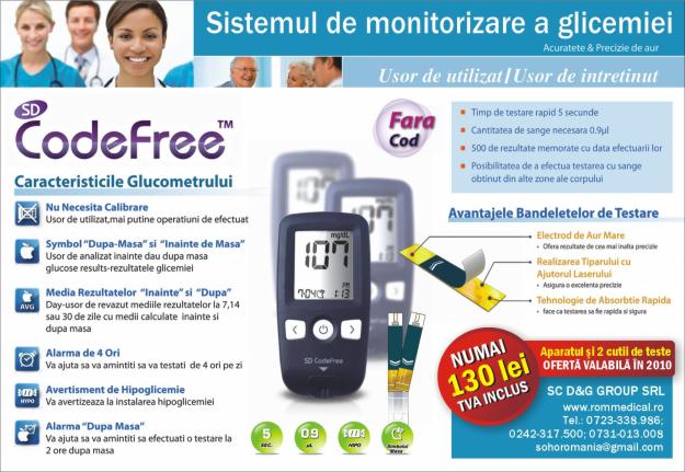 Promotie glucometru CODE FREE +100 teste 130 ron - Pret | Preturi Promotie glucometru CODE FREE +100 teste 130 ron