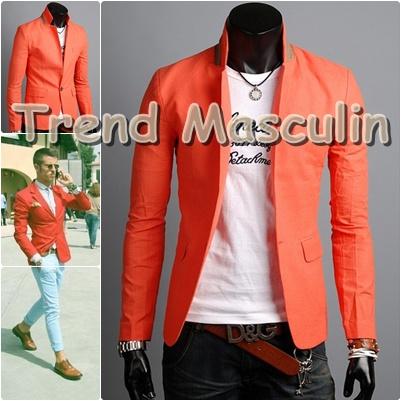 Sacou Blazer Barbati Casual Cambrat Slim Rosu Orange Un Nasture - Pret | Preturi Sacou Blazer Barbati Casual Cambrat Slim Rosu Orange Un Nasture