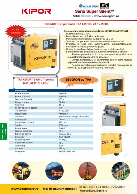 Generator Automatizat 220V silent KIPOR KDE6700TA NOU - Pret | Preturi Generator Automatizat 220V silent KIPOR KDE6700TA NOU