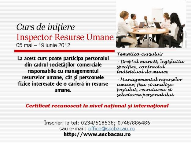 Curs de iniţiere INSPECTOR RESURSE UMANE ŞI REVISAL 20 - 29 februarie 2012 BACAU - Pret | Preturi Curs de iniţiere INSPECTOR RESURSE UMANE ŞI REVISAL 20 - 29 februarie 2012 BACAU