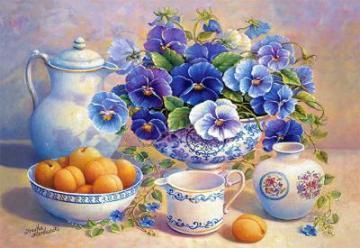 Puzzle Castorland 500 Trisha Hardwick : Apricot and Blue Pansies - Pret | Preturi Puzzle Castorland 500 Trisha Hardwick : Apricot and Blue Pansies