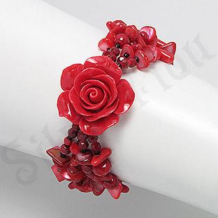 Silver4You.ro - Bratara trandafir rosu din coral, cristale si margele - Pret | Preturi Silver4You.ro - Bratara trandafir rosu din coral, cristale si margele