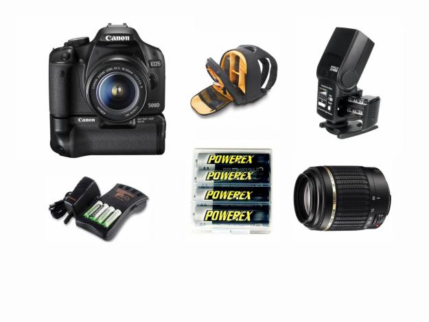 Canon EOS 500 D + obiective, geanta KATA, Flash extern si acumulatori - Pret | Preturi Canon EOS 500 D + obiective, geanta KATA, Flash extern si acumulatori