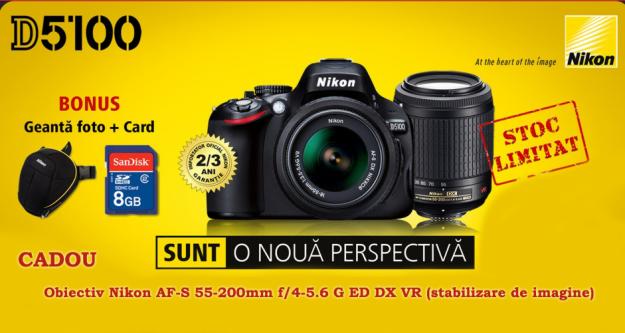 Super oferta Nikon D5100 double kit 18-55vr + 55-200vr + geanta si card 8 GB - Pret | Preturi Super oferta Nikon D5100 double kit 18-55vr + 55-200vr + geanta si card 8 GB