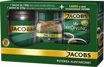 Pachet Jacobs Kronung, cafea solubila 100 g + cafea 250 g + cana termo - Pret | Preturi Pachet Jacobs Kronung, cafea solubila 100 g + cafea 250 g + cana termo