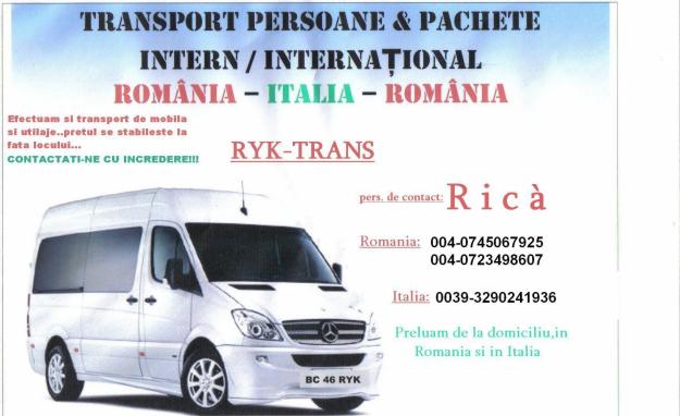 Transport international persoane si colete, Romania-Italia (RETUR) - Pret | Preturi Transport international persoane si colete, Romania-Italia (RETUR)
