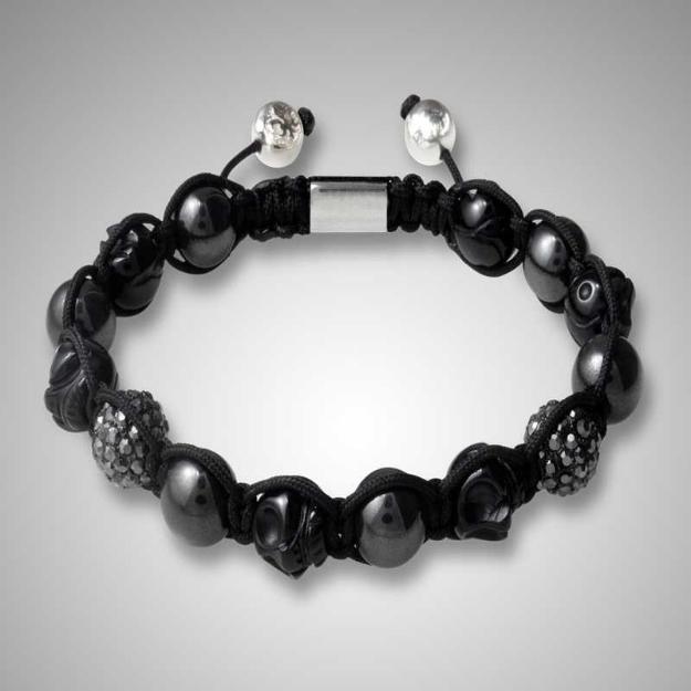 Bratara Shamballa cu bile, capete de schelet si cristale negre - Pret | Preturi Bratara Shamballa cu bile, capete de schelet si cristale negre