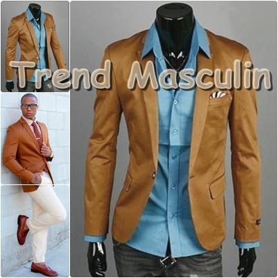 Sacou Blazer Barbati Casual Cambrat Slim Maro Deschis Un Nasture - Pret | Preturi Sacou Blazer Barbati Casual Cambrat Slim Maro Deschis Un Nasture