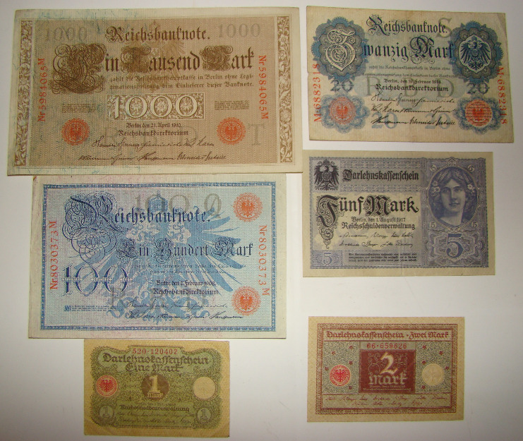 Lot 6 bancnote Germania Imperiala Weimar Al doilea Reich 1 2 5 20 100 1000 marci VF-XF - Pret | Preturi Lot 6 bancnote Germania Imperiala Weimar Al doilea Reich 1 2 5 20 100 1000 marci VF-XF