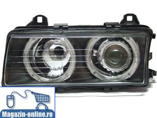 Faruri BMW E36 Seria 3 cu Lupa si Angel Eyes fundal negru - Pret | Preturi Faruri BMW E36 Seria 3 cu Lupa si Angel Eyes fundal negru