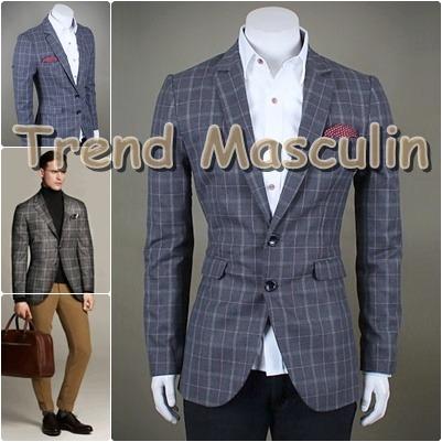 Sacou Blazer Barbati Casual Cambrat Slim Gri Carouri Doi Nasturi - Pret | Preturi Sacou Blazer Barbati Casual Cambrat Slim Gri Carouri Doi Nasturi