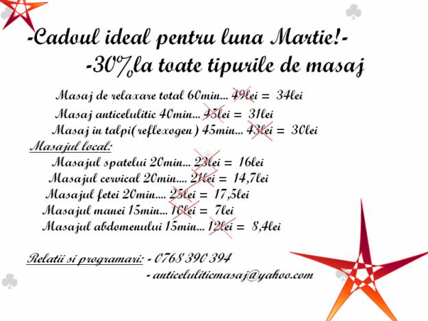 Masaj anticelulitic,reflexogen si de relaxare Focsani! - Pret | Preturi Masaj anticelulitic,reflexogen si de relaxare Focsani!