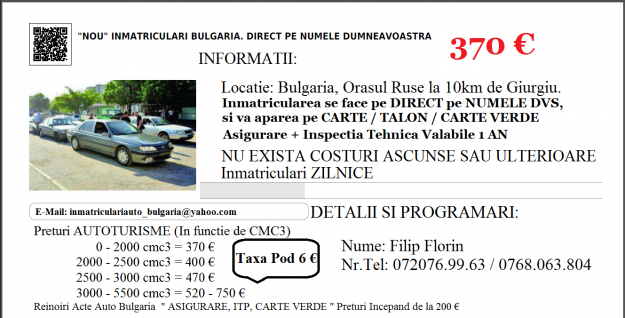 Inmatriculari Auto Bulgaria Direct Pe NUMELE DVS 370e - Pret | Preturi Inmatriculari Auto Bulgaria Direct Pe NUMELE DVS 370e