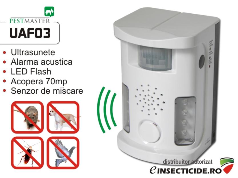 Pestmaster UAF03 dispozitiv cu ultrasunete, alarma si flash puternic anti caini (70 mp) - Pret | Preturi Pestmaster UAF03 dispozitiv cu ultrasunete, alarma si flash puternic anti caini (70 mp)