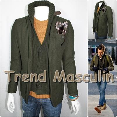 Sacou Blazer Barbati Casual Cambrat Slim Verde Masliniu Guler Tricotat 2 Nasturi - Pret | Preturi Sacou Blazer Barbati Casual Cambrat Slim Verde Masliniu Guler Tricotat 2 Nasturi